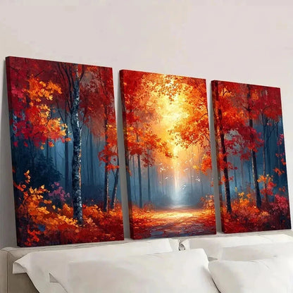 3pcs Warm Autumn Forest Orange & Red Trees Wall Art Set Canvas Framed 50x70cm - High Quality Print 100% Australian Made Wall Canvas Ready to Hang - Bella Home Decor