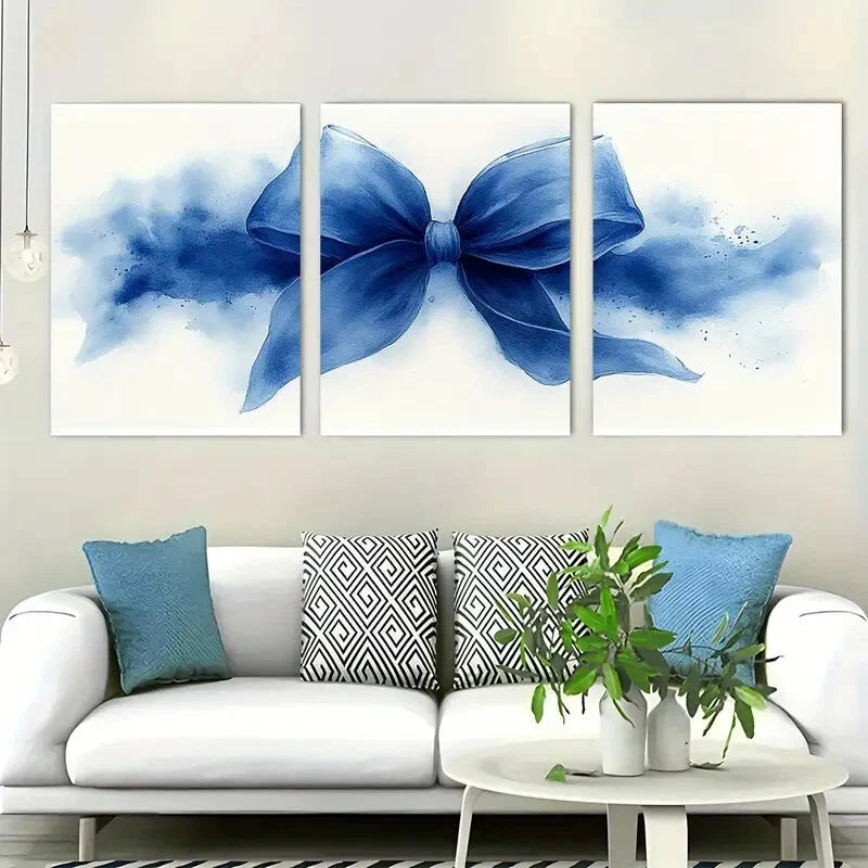 3pcs Elegant Blue Bow Watercolor Metal Print Ready to Hang Art