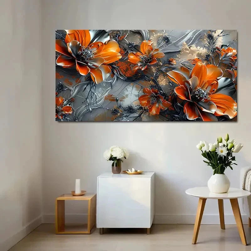 Vibrant Orange Flowers & Gray Wall Art Canvas Office Home Room Framed 120x60cm