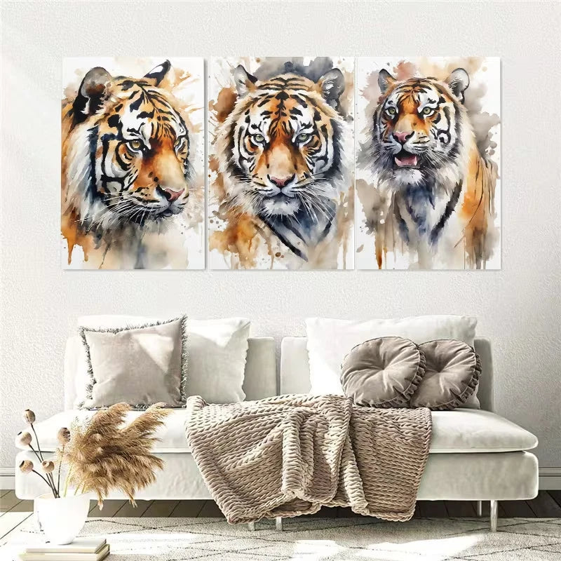 3pcs Tiger Watercolor Animal Nature Wall Art Set Canvas Framed 40x60cm - High Quality Print 100% Australian Made Wall Canvas Ready to Hang