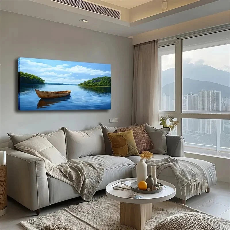 Serene Lake And Rowboat Scene Wall Art Canvas Office Home Room Framed 120x60cm - Bella Home Decor