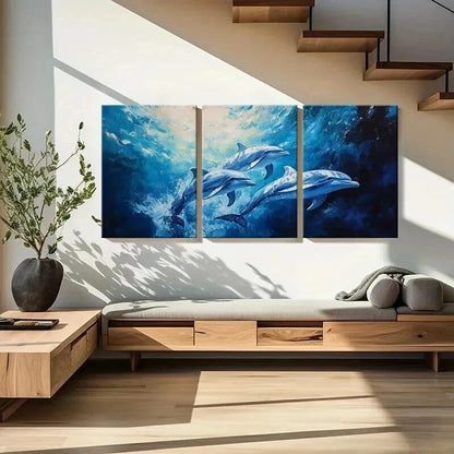3pcs Sea Life Dolphins in Ocean Landscape Wall Art Set Canvas Framed 50x70cm - High Quality Print 100% Australian Made Wall Canvas Ready to Hang - Bella Home Decor