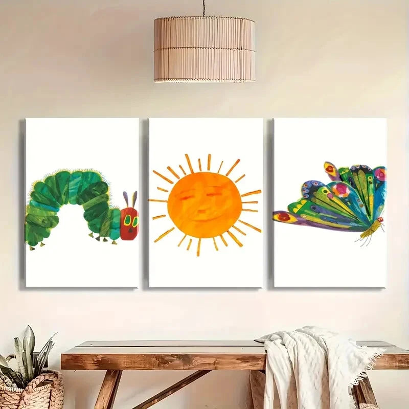 3pcs Vibrant Sunflower & Caterpillar Design Metal Print Ready to Hang Art - Bella Home Decor