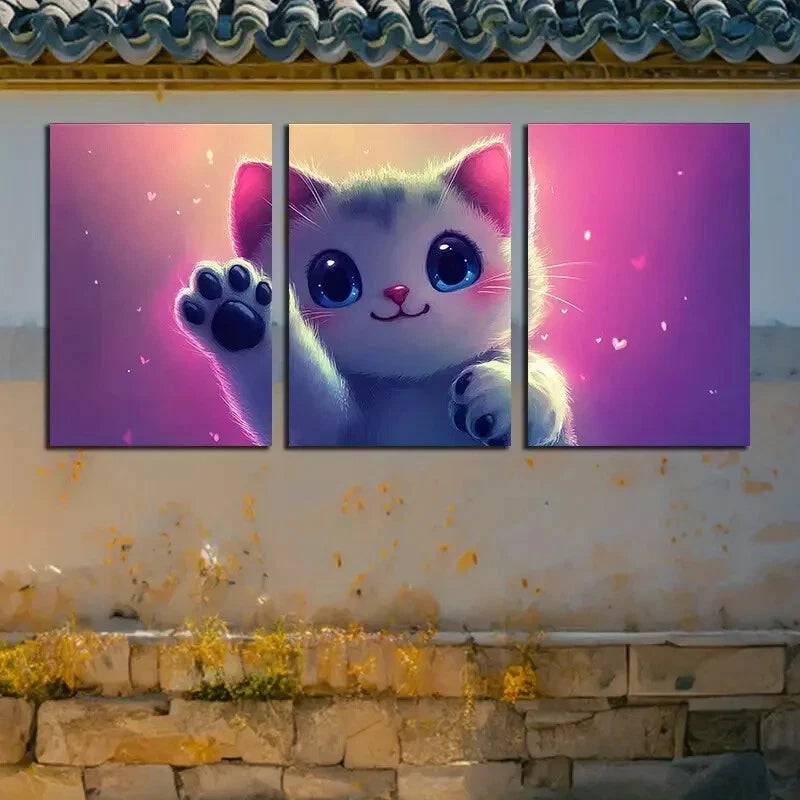 3pcs Vibrant Charming Cat with Outstretched Hand Metal Print Ready to Hang Art