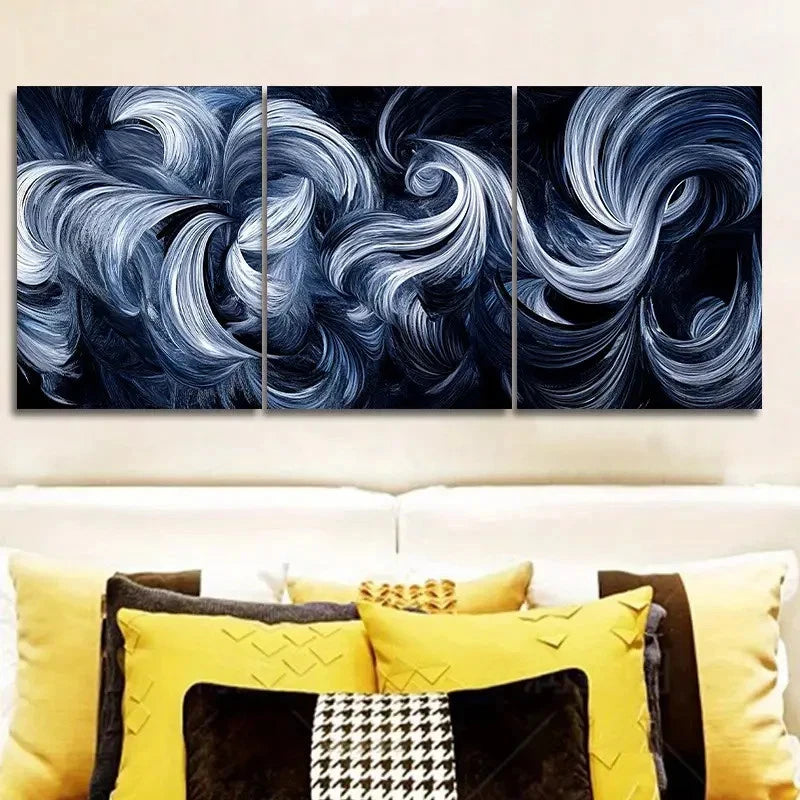 3pcs Luxurious Navy Blue Swirl Painting Metal Print Ready to Hang Art - Bella Home Decor