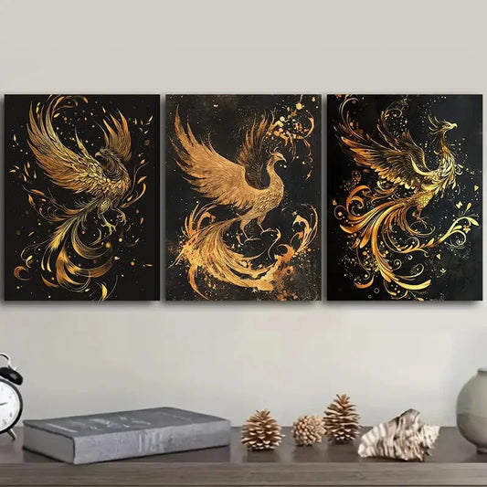 3pcs The black and gold phoenix Metal Print Ready to Hang Art