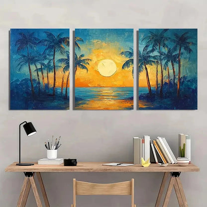 3pcs Palm Trees Sunset Scene Impasto Style Metal Print Ready to Hang Art - Bella Home Decor