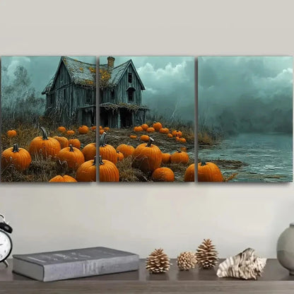 3pcs Pumpkin Haunted House Design Metal Print Ready to Hang Art