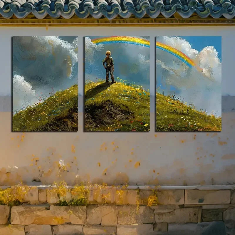 3pcs Girl on A Distant Hill, Gazing At The Rainbow Metal Print Ready to Hang Art