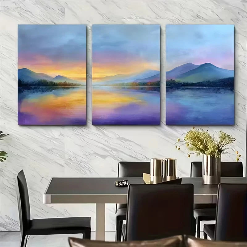 3pcs Golden Mist Lake & Serene Sunset Metal Print Ready to Hang Art - Bella Home Decor
