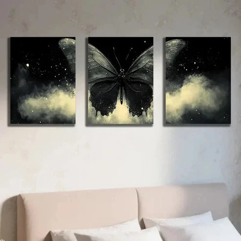 3pcs Black Mystical Butterfly Decoration Wall Art Set Canvas Unframed - High Quality Print 100% Australian Made Wall Canvas - Bella Home Decor