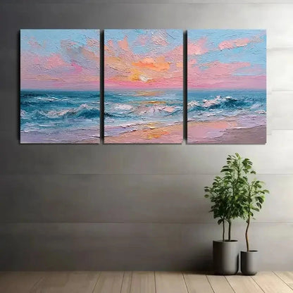 3pcs Pink And Blue Beach Sunset in Oil Painting Metal Print Ready to Hang Art - Bella Home Decor
