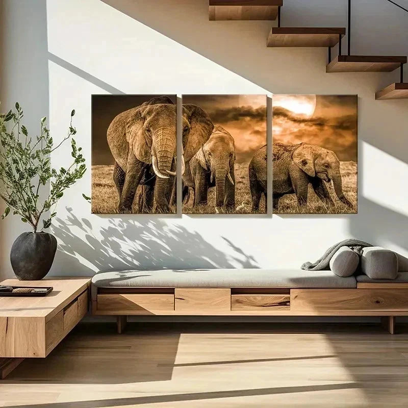 3pcs African Savanna Elephant Modern Wall Art Set Canvas Framed 50x70cm - High Quality Print 100% Australian Made Wall Canvas Ready to Hang - Bella Home Decor
