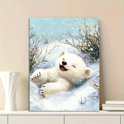Cute Little Polar Bear Cub Rolling Around in The Snow 40x60cm Metal Print Ready to Hang - Bella Home Decor