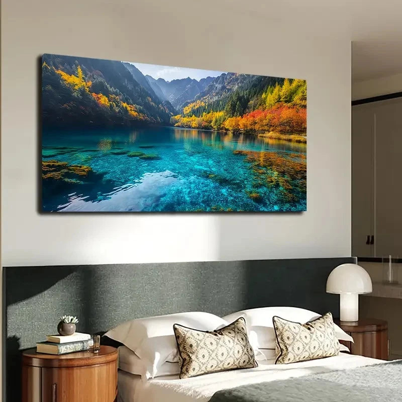 Serene Mountain Lake Scene Wall Art canvas office home room framed 120x60cm