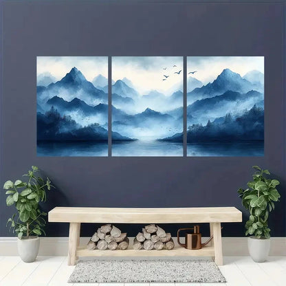 3pcs Blue Smoke Wave and Birds Abstract Landscape Metal Print Ready to Hang Art
