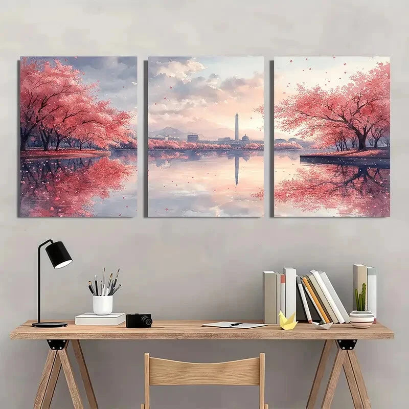 3pcs Cherry Blossom & Washington Monument Metal Print Ready to Hang Art - Bella Home Decor