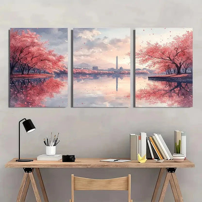 3pcs Cherry Blossom & Washington Monument Metal Print Ready to Hang Art - Bella Home Decor