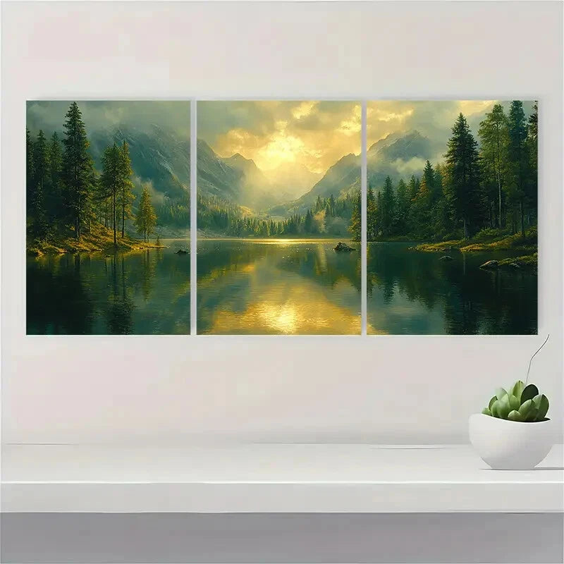 3pcs Abstract Green Forest Lake Nature Art Metal Print Ready to Hang Art - Bella Home Decor
