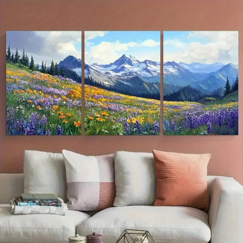 3pcs Pacific Northwest Mountain Wildflowers Wall Art Set Canvas Framed 40x60cm - High Quality Print 100% Australian Made Wall Canvas Ready to Hang