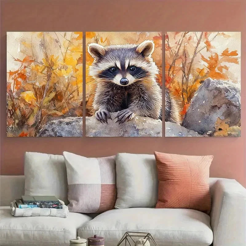 3pcs Raccoon Watercolour Animal Illustration Wall Art Set Canvas Framed 50x70cm - High Quality Print 100% Australian Made Wall Canvas Ready to Hang