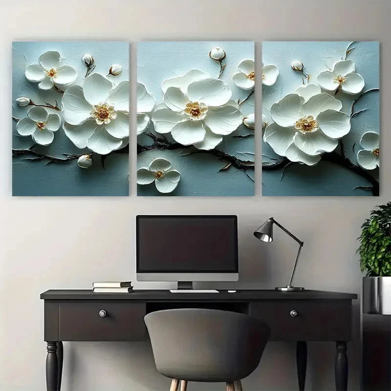 3pcs White Floral Delicate Textured Flowers Metal Print Ready to Hang Art - Bella Home Decor