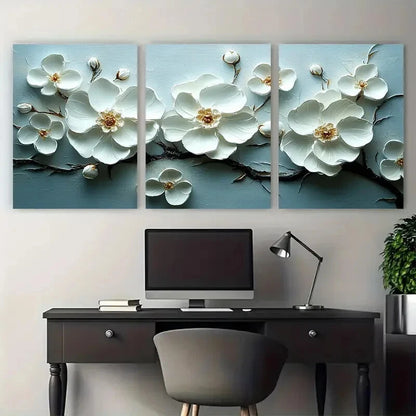 3pcs White Floral Delicate Textured Flowers Metal Print Ready to Hang Art - Bella Home Decor