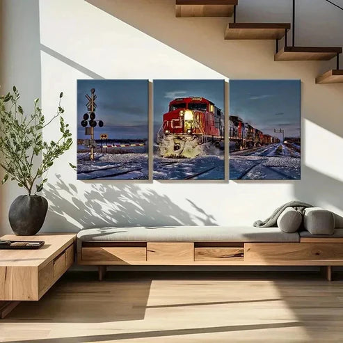 3pcs Steam Train with Snowy Landscape Wall Art Canvas Unframed - High Quality Print 100% Australian Made Wall Canvas