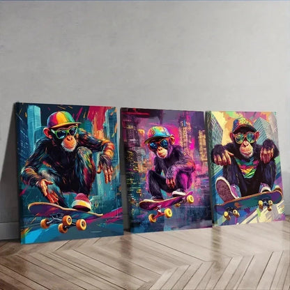 3pcs Monkey Skateboard Design  wall  Art Set Canvas Framed 60x90cm - High Quality Print 100% Australian Made Wall Canvas Ready to Hang