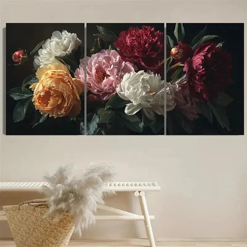 3pcs Rustic Vintage Moody Peonies Floral Art Wall Art Set Canvas Framed 40x60cm - High Quality Print 100% Australian Made Wall Canvas Ready to Hang