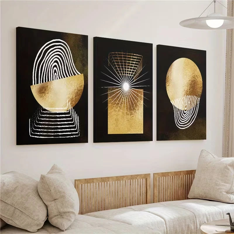 3pcs Abstract Golden Geometry Painting Wall Art Set Canvas Framed 40x60cm - High Quality Print 100% Australian Made Wall Canvas Ready to Hang - Bella Home Decor