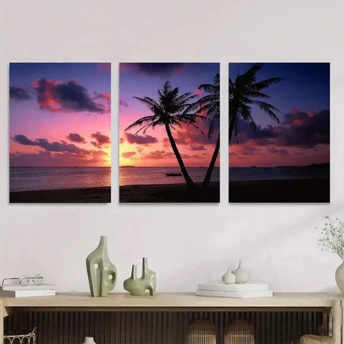 3pcs Palm Tree Ocean Beach Sunset Wall Art Set Canvas Unframed - High Quality Print 100% Australian Made Wall Canvas