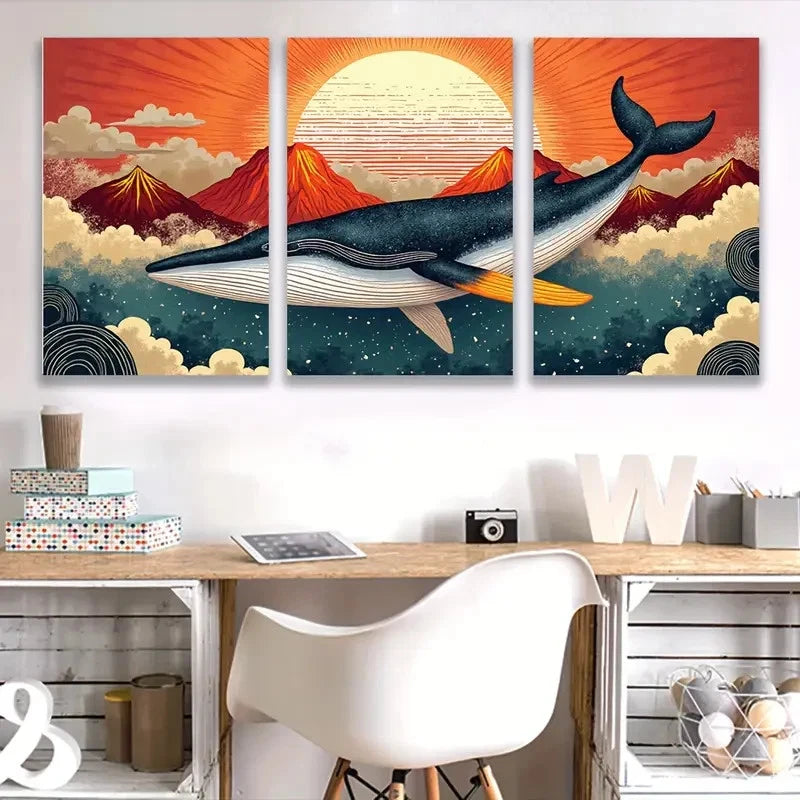 3pcs Whale Jumps in sky painting   Wall Art Set Canvas Framed 40x60cm - High Quality Print 100% Australian Made Wall Canvas Ready to Hang