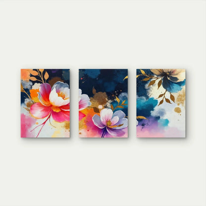 3pcs Vibrant Watercolor Gold Floral Abstract Wall Art Set Canvas Framed 50x70cm - High Quality Print 100% Australian Made Wall Canvas Ready to Hang - Bella Home Decor