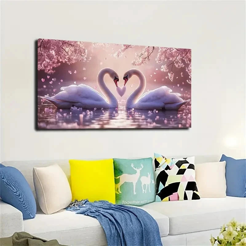 Swans & Cherry Blossoms Wall Art canvas office home room framed 120x60cm - Bella Home Decor