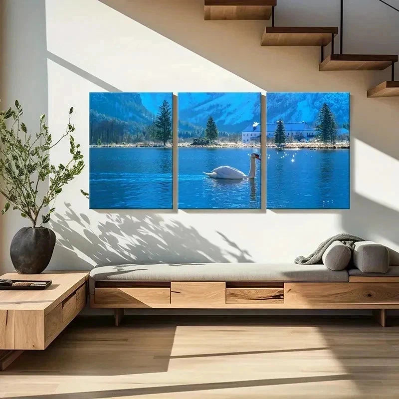 3pcs Blue Colored Lake and White Swan Wall Art Set Canvas Framed 50x70cm - High Quality Print 100% Australian Made Wall Canvas Ready to Hang - Bella Home Decor