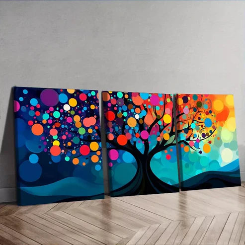 3 PCS Vibrant Tree With Circles & Dots Design Wall Art Set Canvas Unframed - High Quality Print 100% Australian Made Wall Canvas
