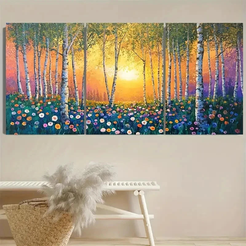 3pcs Dreamy Forest Scene with Wildflowers Metal Print Ready to Hang Art - Bella Home Decor