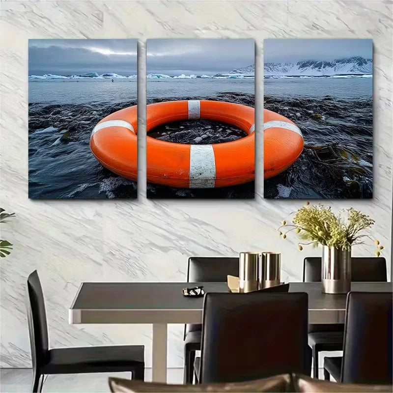 3pcs , Bright Orange Lifebuoy Ring Metal Print Ready to Hang Art - Bella Home Decor