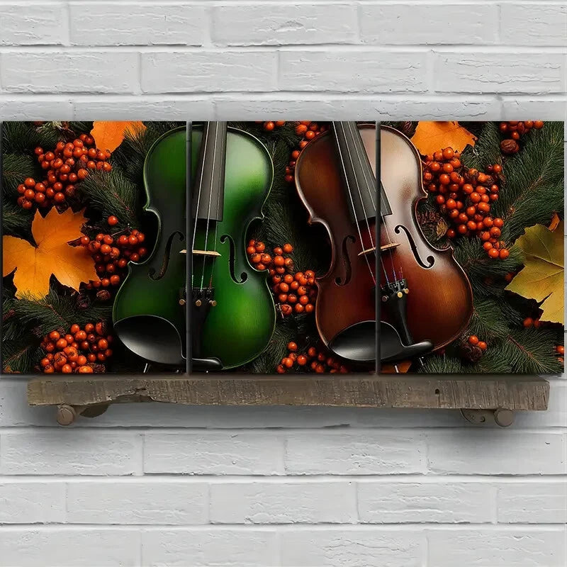 3pcs Chic Cello Trio Gold Leaves Metal Print Ready to Hang Art - Bella Home Decor