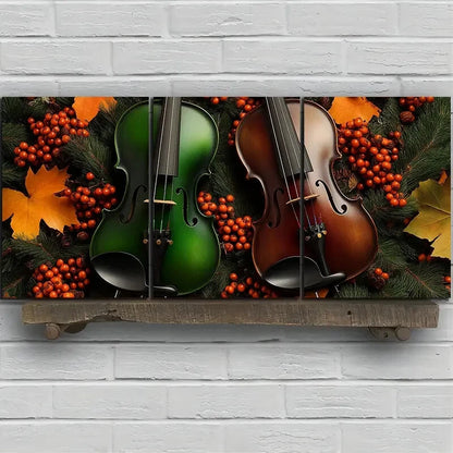 3pcs Chic Cello Trio Gold Leaves Metal Print Ready to Hang Art - Bella Home Decor