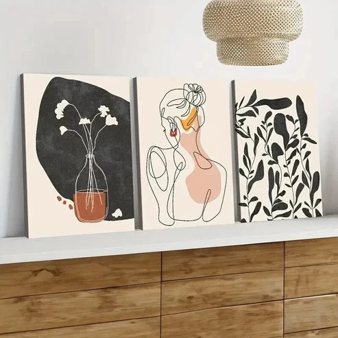 3pcs Abstract Single Line Girl Silhouette Floral Wall Art Canvas Unframed - High Quality Print 100% Australian Made Wall Canvas - Bella Home Decor