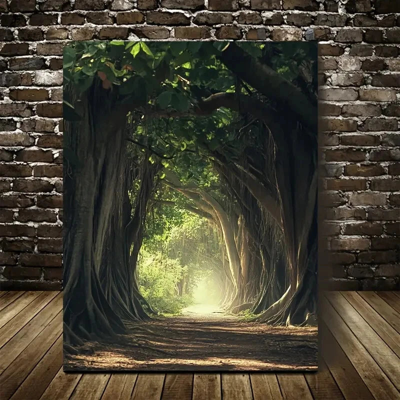 Lush Banyan Forest Pathway with Sunlit Canopy Painting 40x60cm Metal Print Ready to Hang - Bella Home Decor