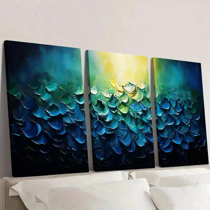 3pcs Abstract Blue & Green Textured ho Wall Art Set Canvas Framed 60x90cm - High Quality Print 100% Australian Made Wall Canvas Ready to Hang - Bella Home Decor