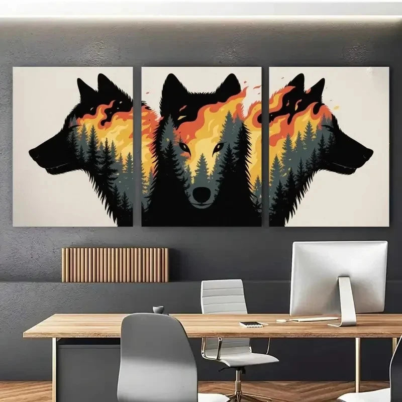 3pcs Wolf, Burning Forest  Wall Art Set Canvas Framed 50x70cm - High Quality Print 100% Australian Made Wall Canvas Ready to Hang - Bella Home Decor