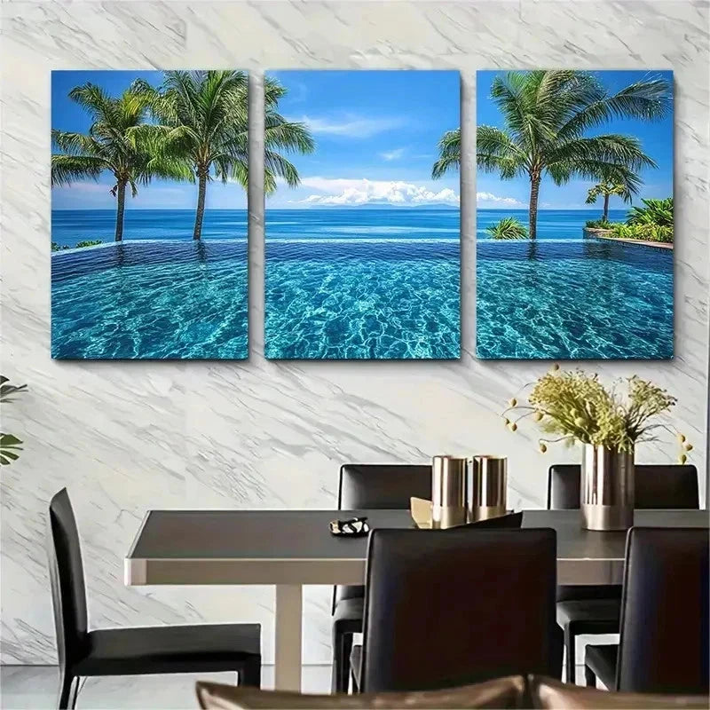 3pcs Tropical Infinity Pool Palm Trees Perfect Wall Art Set Canvas Framed 50x70cm - High Quality Print 100% Australian Made Wall Canvas Ready to Hang