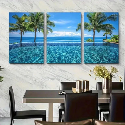 3pcs Tropical Infinity Pool Palm Trees Perfect Wall Art Set Canvas Framed 50x70cm - High Quality Print 100% Australian Made Wall Canvas Ready to Hang