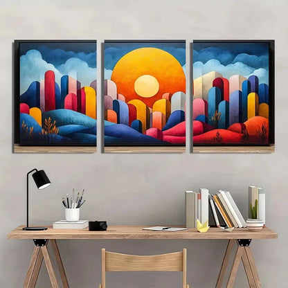3pcs Abstract Color Block with Black Frames Metal Print Ready to Hang Art