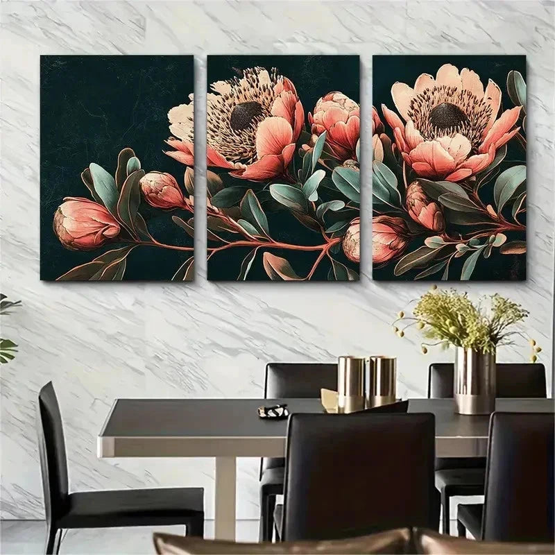 3pcs Vintage African Aesthetic Floral Perfect Wall Art Set Canvas Framed 50x70cm - High Quality Print 100% Australian Made Wall Canvas Ready to Hang