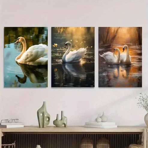 3pcs Elegant White Swans In Serene Water Wall Art Set Canvas Unframed - High Quality Print 100% Australian Made Wall Canvas